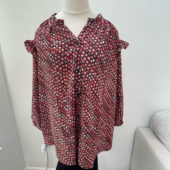 G by Giuliana Tops - G by Giuliana Feminine Chic Ruffle Shoulder Blouse Red Pink Polka Dot Top 2X